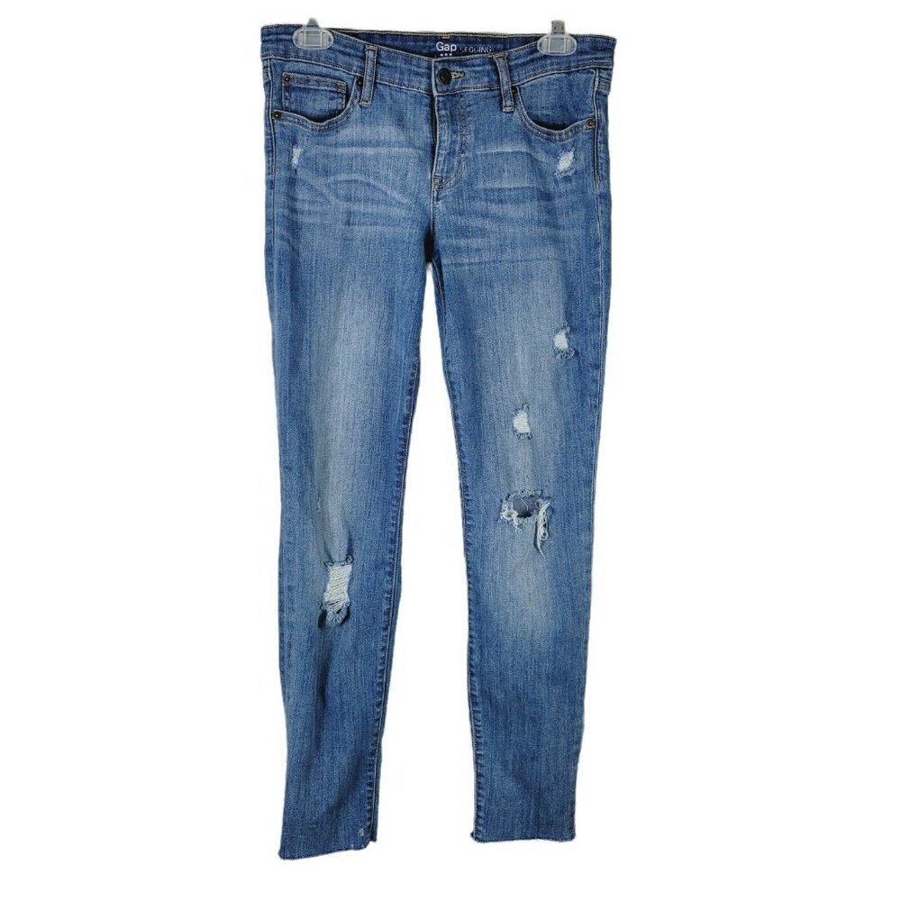 Gap Women's Sz 4 27R Legging Jeans Slim Fit Med Wash Mid Rise Distressed Raw Hem